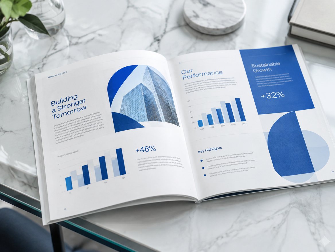Open annual report spread with charts, sample mockup